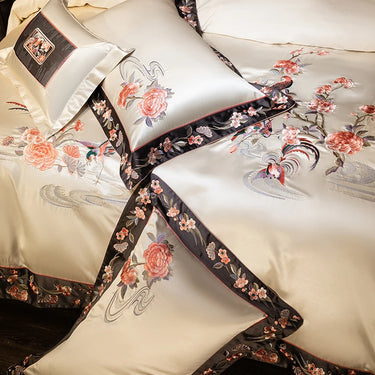 Gold Champagne Flowers Embroidery Luxury Satin Duvet Cover, Egyptian Cotton 1200TC Bedding Set